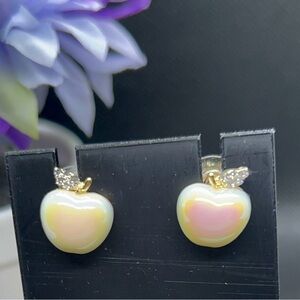 Cute white apple 🍎 earrings with opal like faux stone and small diamond leaf